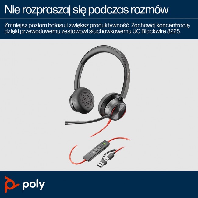 HP Poly Blackwire 8225 Stereo USB-C Headset +USB-C/A Adapter