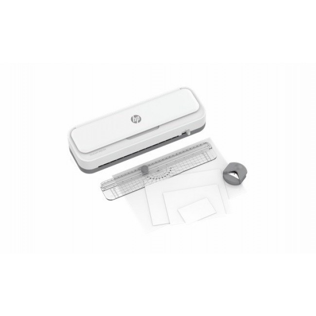HP ONELAM 400 A4 laminator, Hot/Cold, integrated trimmer, corner rounder, speed 40 cm/min + 15 pouches: 3xA4, 4xA5, 4xA6, 4xB-CARD, white