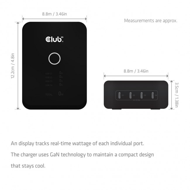 CLUB3D CAC-1933 4-Port USB-C Charging Station 240W GaN PD 3.1 + PPS + LED Display
