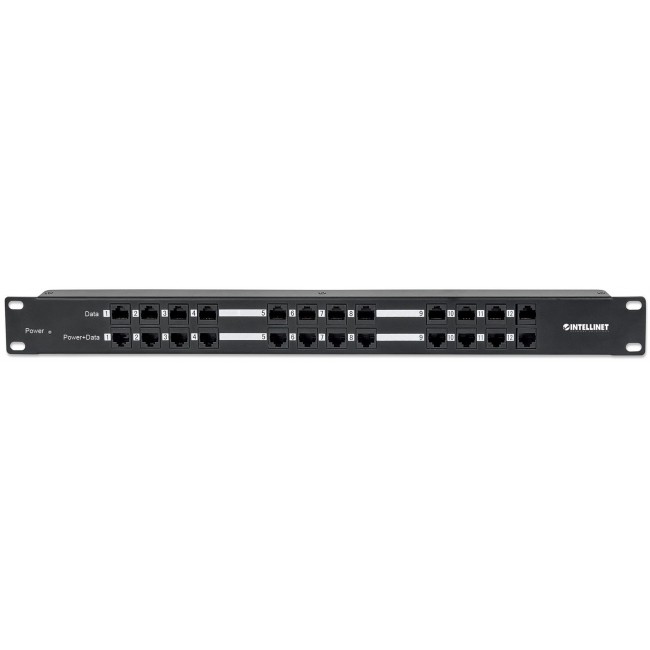 Intellinet PoE Patch Panel, 24 Port Patch Panel with 12 port RJ45 Data In and 12 port RJ45 Data and Power Out, Passive Power over Ethernet Delivered on 12 Ports, 1U, CAT5e