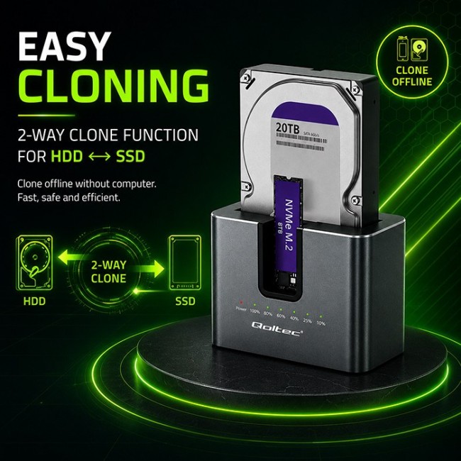 Qoltec 52631 HDD SSD doscking station | SATA | M.2 NVMe | cloning | USB-C | 10Gb/s | 28TB