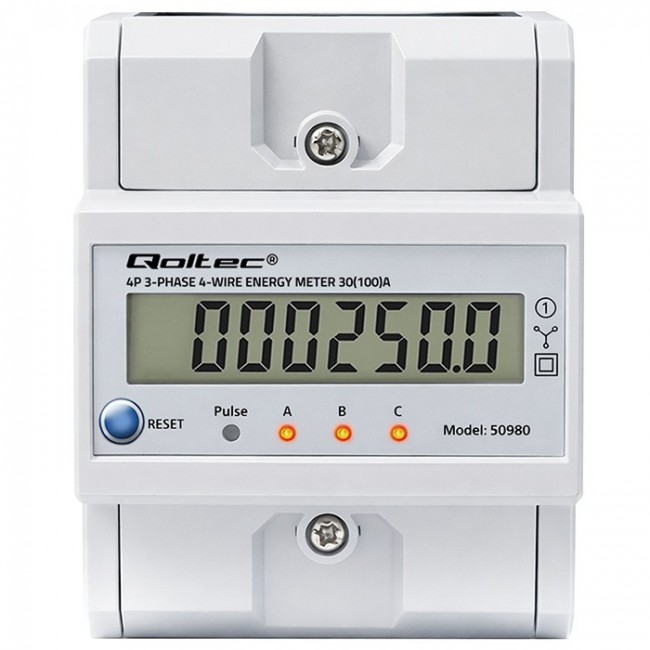 Qoltec 50980 Three-phase electronic meter with reset | DIN rail energy consumption meter | 400V | 100A | LCD | LED | 4P