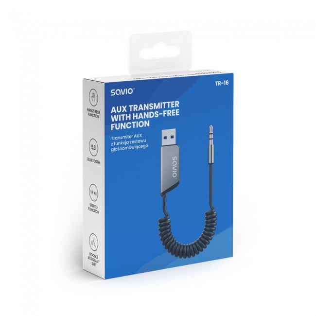 Savio TR-16 Transmitter AUX adapter with hands-free function, Bluetooth 5.3, Google Assistant/Siri Savio TR-16 Transmitter AUX adapter with hands-free function, Bluetooth 5.3, Google Assistant/Siri