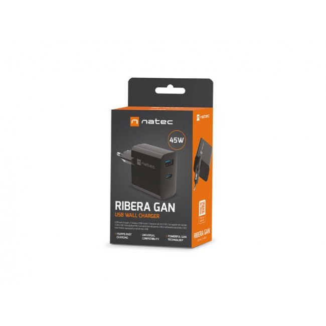 NATEC RIBERA GAN CHARGER 1x USB-A + 1x USB-C 45W BLACK