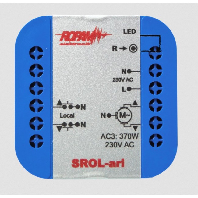 ROPAM SROL-ari wireless, 230VAC roller shutter controller, amerometer, roller shutter status in the application and touch panel (-IP-64). ROPAM SROL-ari wireless, 230VAC roller shutter controller, amerometer, roller shutter status in the application and touch panel (-IP-64).