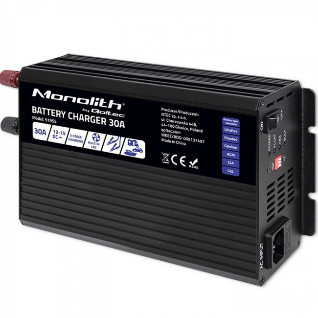 Qoltec Intelligent Professional Monolith Battery Charger for LiFePO4 AGM GEL SLA batteries | 30A | 12V