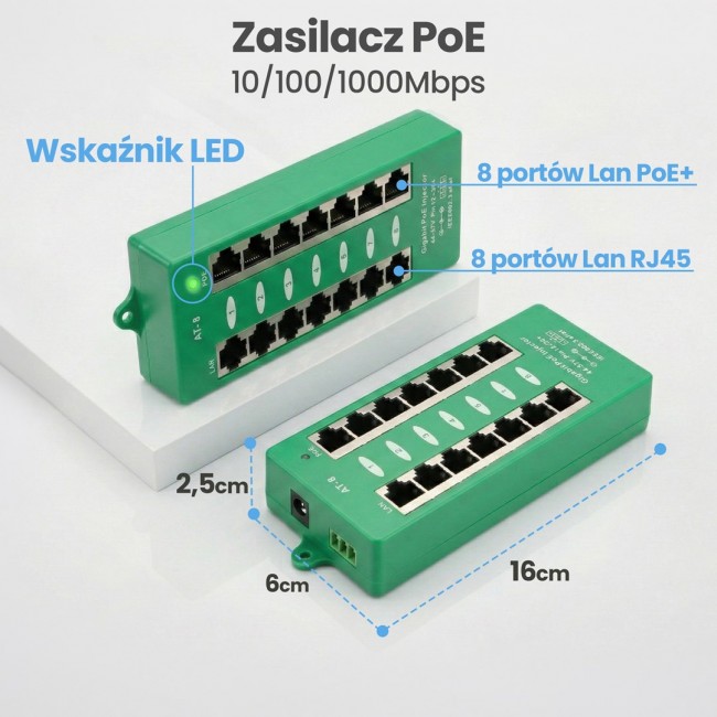 Extralink Gigabit PoE Injector 8 Port Active, 8 ports Gigabit 802.3at/af, Mode A Extralink Gigabit PoE Injector 8 Port Active, 8 ports Gigabit 802.3at/af, Mode A