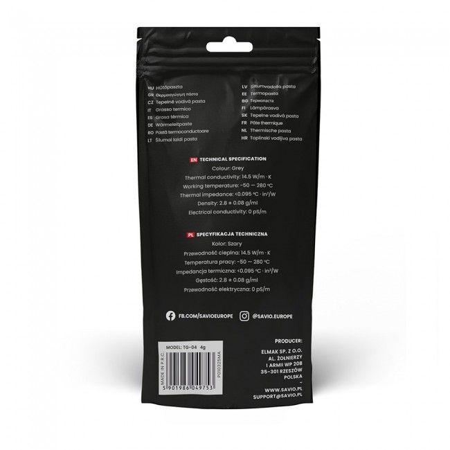 Savio TG-04 4g heat sink compound Thermal paste 14.5 W/m K Savio TG-04 4g heat sink compound Thermal paste 14.5 W/m K