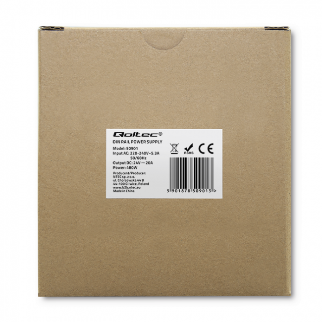Qoltec 50901 Industrial DIN rail power supply | 480W | 24V | 20A Qoltec 50901 Industrial DIN rail power supply | 480W | 24V | 20A