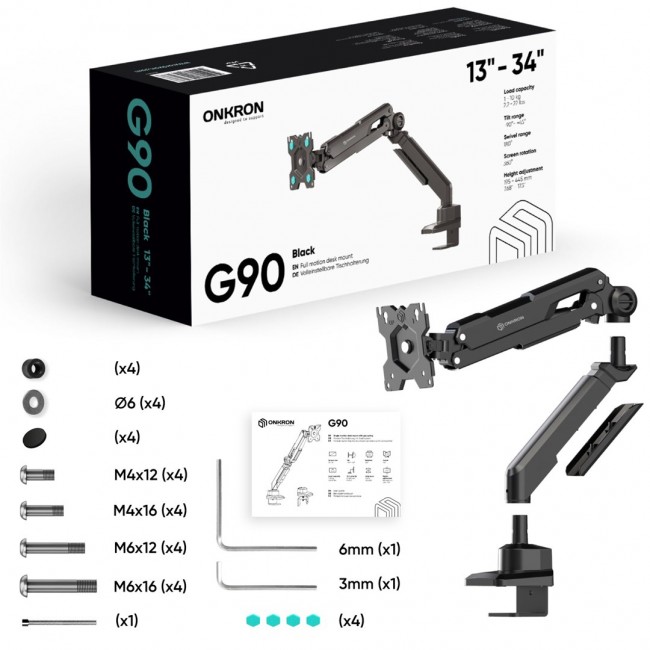 ONKRON G90-B Swivel and tilt desk mount for 13 -34 monitors, max. 10 kg, with rotation, black