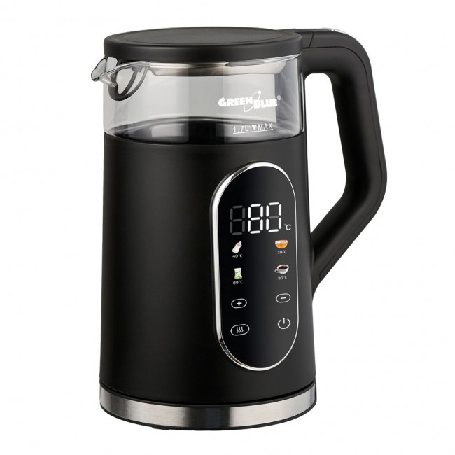 GreenBlue Cordless Electric Kettle, 1.7 L capacity, glass water tank, easy-to-read display, temperature selection, 2200 W, GB670 B