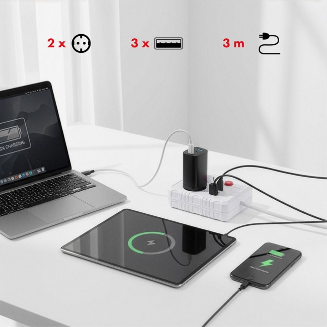 Maclean power strip, extender 2 sockets + 3xUSB, 110-240V AC 50/60Hz, 2.1A max 2500W, 3 m, white, MCE388 W Maclean power strip, extender 2 sockets + 3xUSB, 110-240V AC 50/60Hz, 2.1A max 2500W, 3 m, white, MCE388 W