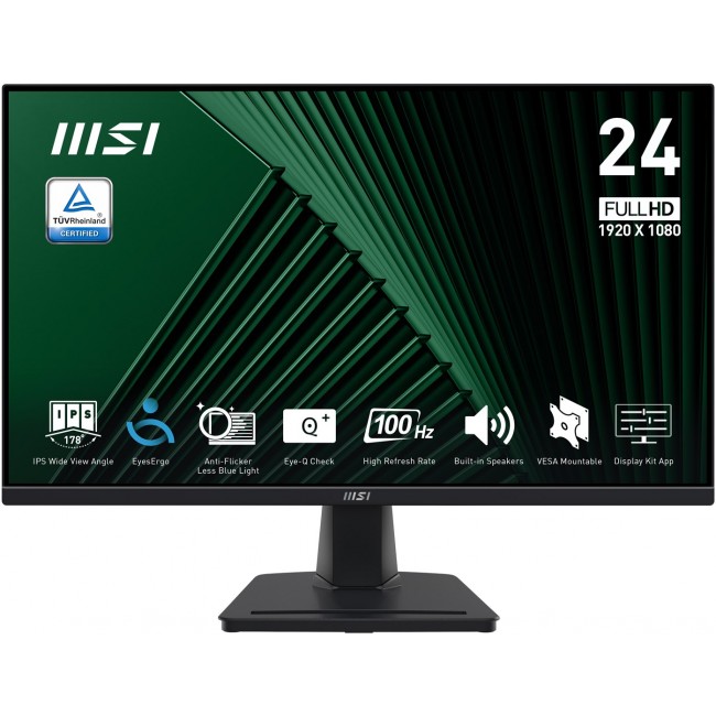 MSI Pro MP245G 24 Inch Monitor, FHD (1920 x 1080), 100Hz, IPS, 1ms, 1x HDMI 1.4b, 1x DP 1.2a output, 1x D-Sub(VGA), Built-in Speakers, Anti-Glare, Anti-Flicker, Less Blue light, T V Certified, VESA, Kensington, Black MSI Pro MP245G 24 Inch Monitor, FHD (1920 x 1080), 100Hz, IPS, 1ms, 1x HDMI 1.4b, 1x DP 1.2a output, 1x D-Sub(VGA), Built-in Speakers, Anti-Glare, Anti-Flicker, Less Blue light, T V Certified, VESA, Kensington, Black