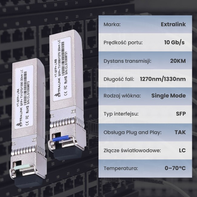 Extralink SFP+ WDM Module SFP+ 10G 10Gbps 1270/1330nm, single mode, 20km, LC, DOM, pair