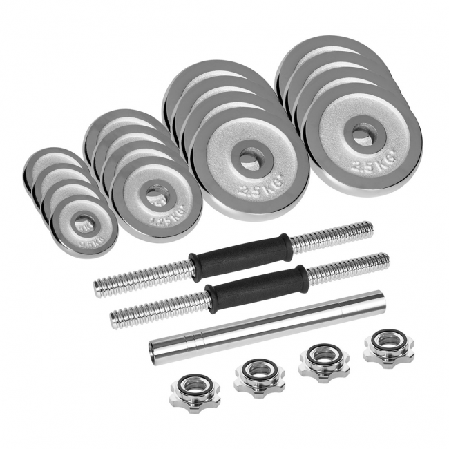REBEL ACTIVE Chrome Adjustable Dumbbells in a Case 30 kg with Barbell