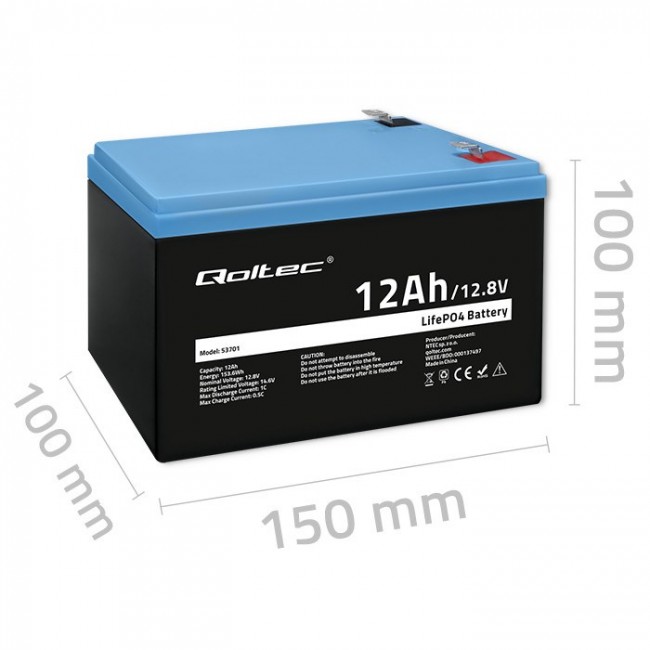 Qoltec LiFePO4 Lithium-Iron-Phosphate Battery 12.8V 12Ah 153.6Wh with BMS Qoltec LiFePO4 Lithium-Iron-Phosphate Battery 12.8V 12Ah 153.6Wh with BMS