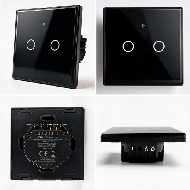 Qoltec 52712 Smart Touch 2-Gang Light Switch | Wi-Fi | Timer | Tuya | Smart Life | Tempered Glass | Black