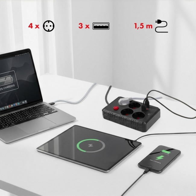 Maclean power strip, 4-socket extension cable + 3xUSB, 110-240V AC 50/60Hz, 2.1A max 2500W, 1.5m, black, MCE392 B Maclean power strip, 4-socket extension cable + 3xUSB, 110-240V AC 50/60Hz, 2.1A max 2500W, 1.5m, black, MCE392 B