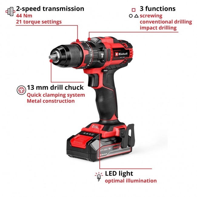 Einhell TE-CD 18/44 Li-i 24000 RPM Keyless 3.51 lbs (1.59 kg) Black, Red