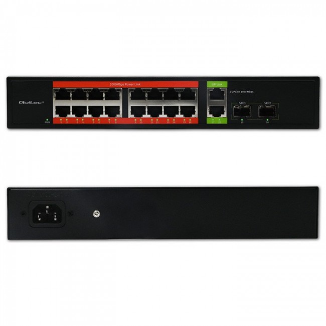 Qoltec Prze ącznik sieciowy SWITCH Gigabit Ethernet PoE | 16x RJ45 | 2x RJ45 Uplink | 2x SFP | 1000Mb/s Qoltec Prze ącznik sieciowy SWITCH Gigabit Ethernet PoE | 16x RJ45 | 2x RJ45 Uplink | 2x SFP | 1000Mb/s