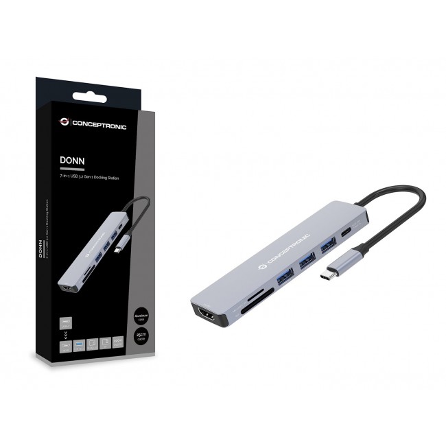 Conceptronic DONN19G 7-in-1 USB 3.2 Gen 1 Docking Station, HDMI, USB-A 3.0 x 3, SD, TF/MicroSD, 100W USB PD