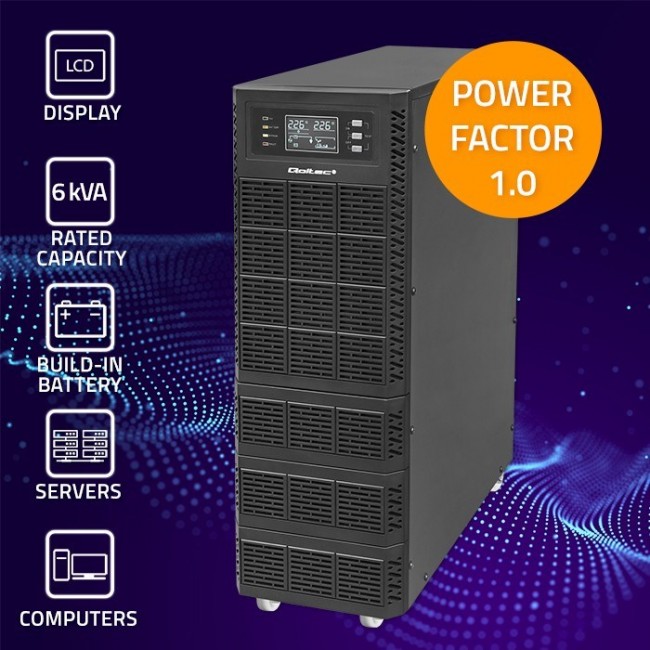 Qoltec 52283 Uninterruptible Power Supply UPS | 6kVA | 6000W | Power factor 1.0 | LCD | EPO | USB | On-line