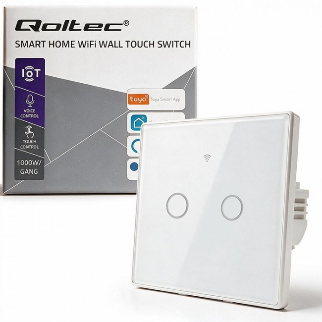 Qoltec 52716 Smart Touch 2-Gang Light Switch | Wi-Fi | Timer | Tuya | Smart Life | Tempered Glass | White