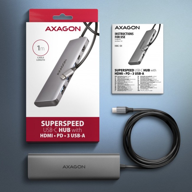 Axagon HMC-5H USB 5Gbps hub, 3x USB-A, HDMI 4k/30Hz, PD 100W, 100cm USB-C cable