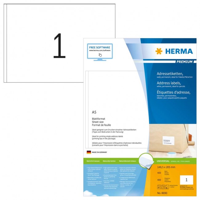 HERMA Address labels Premium sheetsize A5 148.5x205 mm white paper matt 400 pcs. HERMA Address labels Premium sheetsize A5 148.5x205 mm white paper matt 400 pcs.