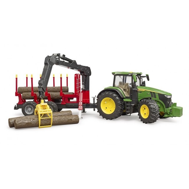 BRUDER John Deere 7R 350 with forestry trailer and 4 trunks
