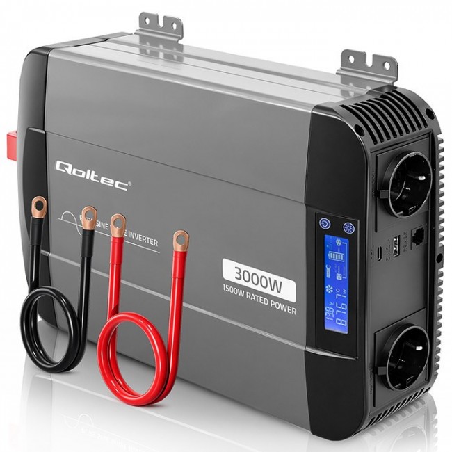 Qoltec Przetwornica napięcia Pure Sine Wave | 12V na 230V | 1500/3000W | LCD | USB | USB-C | Kompatybilna z LiFePO4 GEL AGM