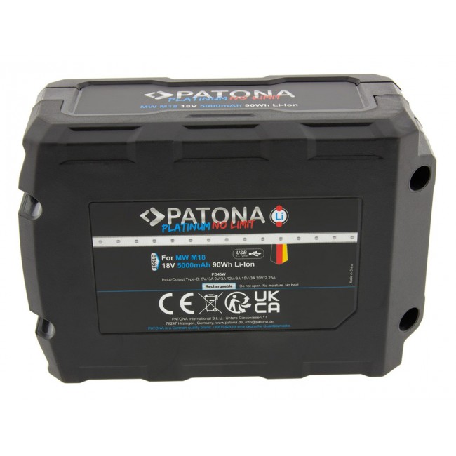 PATONA Platinum 18V Battery for Milwaukee M18 with USB-C port PD45W Black PATONA Platinum 18V Battery for Milwaukee M18 with USB-C port PD45W Black