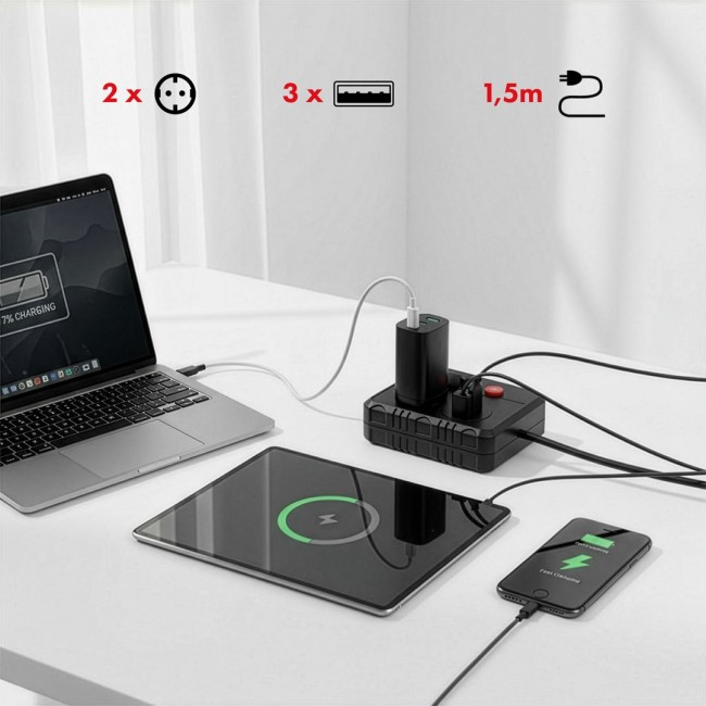 Maclean power strip, extender 2 sockets + 3xUSB, 110-240V AC 50/60Hz, 2.1A max 2500W, 1.5m, black, MCE387 B Maclean power strip, extender 2 sockets + 3xUSB, 110-240V AC 50/60Hz, 2.1A max 2500W, 1.5m, black, MCE387 B