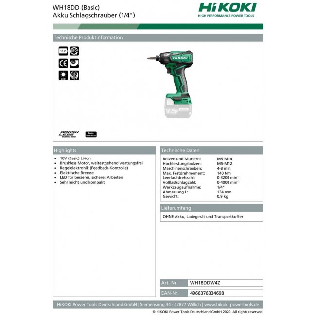 Aku impact wrench. 18V, RPM 0-3200 1/min, Impact 0-400