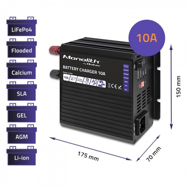 Qoltec Smart Monolith Battery Charger for LiFePO4 AGM GEL SLA batteries | 10A | 12V Qoltec Smart Monolith Battery Charger for LiFePO4 AGM GEL SLA batteries | 10A | 12V