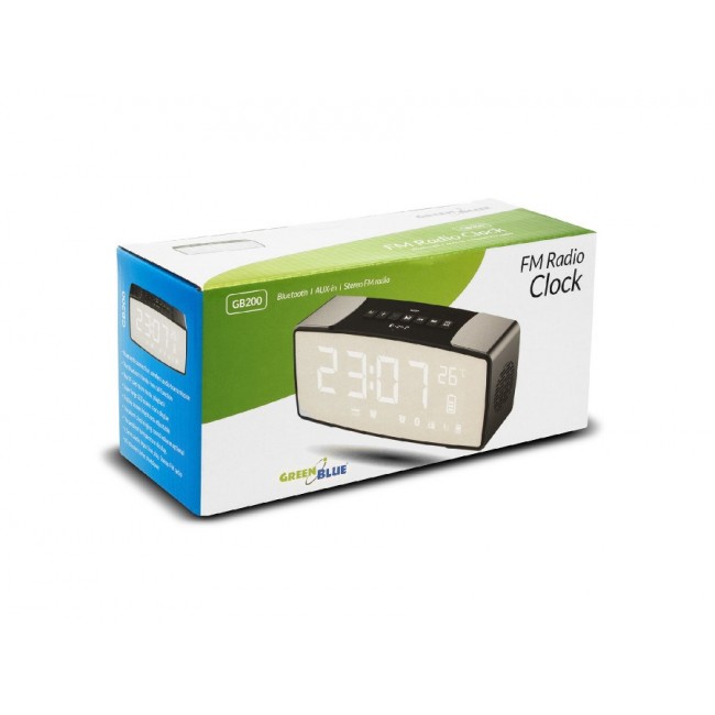 GreenBlue bluetooth clock radio, FM, aux-in, 6W, temperature, alarm, clock, 2200mAh battery, GB200