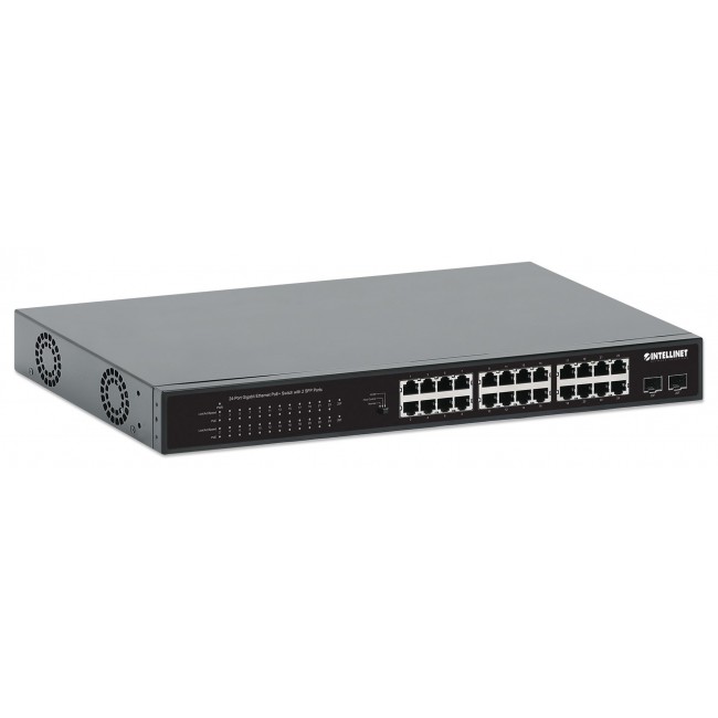 Intellinet 24-Port Gigabit Ethernet PoE+ Switch with 2 SFP Ports IEEE 802.3at/af (PoE+/PoE) Compliant, PoE Power Budget of 370 W, Two 1G SFP Open Slots, 19 Intellinet 24-Port Gigabit Ethernet PoE+ Switch with 2 SFP Ports IEEE 802.3at/af (PoE+/PoE) Compliant, PoE Power Budget of 370 W, Two 1G SFP Open Slots, 19