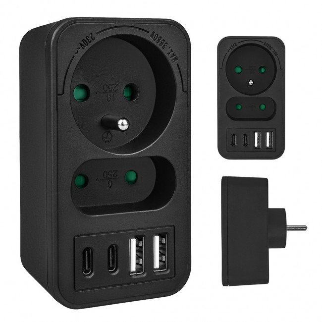 Maclean current socket x2 + 4xUSB, splitter with 2 sockets, 2xUSB A, 2xUSB C PD 20W, 1x16A + 1x6A, MCE249 F/B