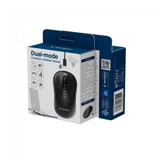Gembird MUSW2-4B-01 Dual-mode wireless mouse (2.4G + BT), 1600 DPI, 4-button, black