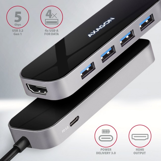 Axagon HMC-6H4A USB 3.2 Gen 1 hub, 4x USB-A, HDMI 4k/30Hz, PD 100W, 20cm USB-C cable