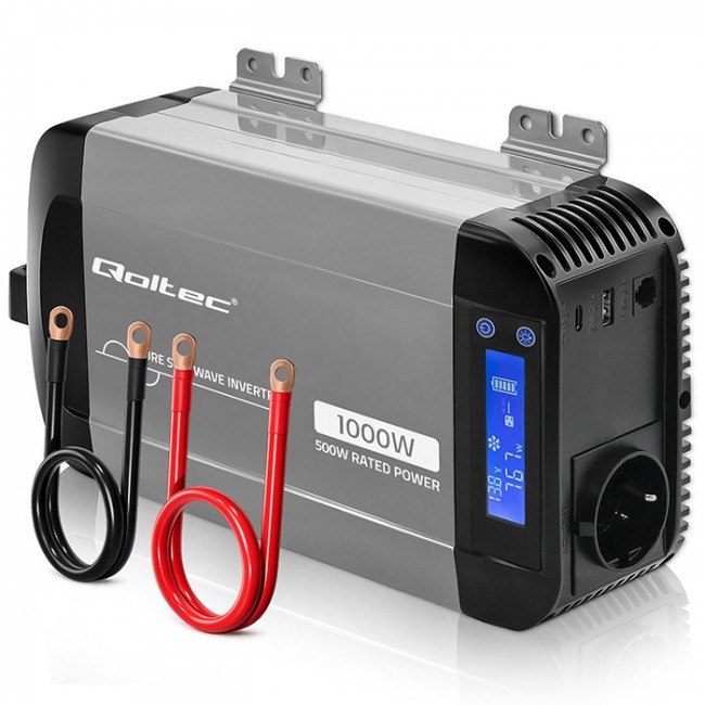 Qoltec Przetwornica napięcia Pure Sine Wave | 12V na 230V | 500/1000W | LCD | USB | USB-C | Kompatibilno z LiFePo4 GEL AGM