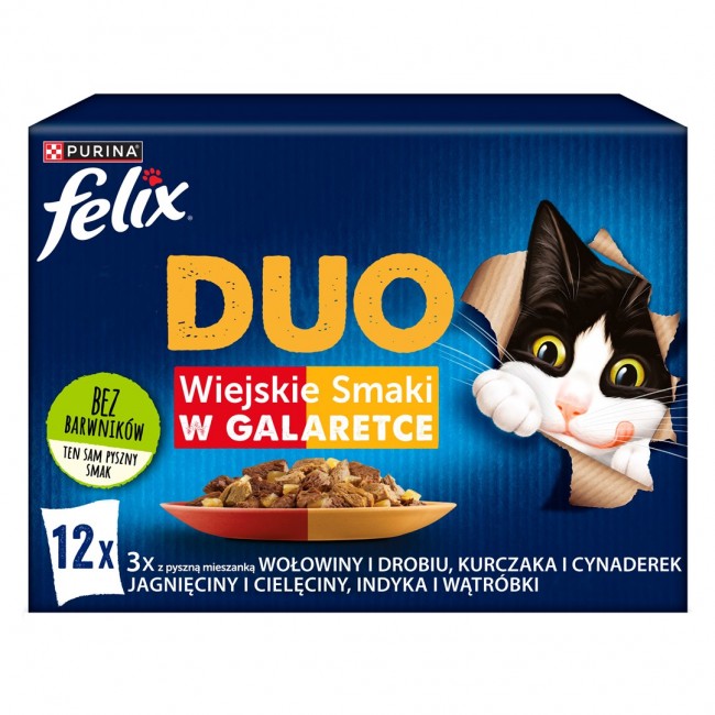 Felix Fantastic Duo Country Flavours with Beef and Poultry, Chicken, Tzatziki, Lamb, Veal, Turkey and Liver in Jell-O -12 x 85g