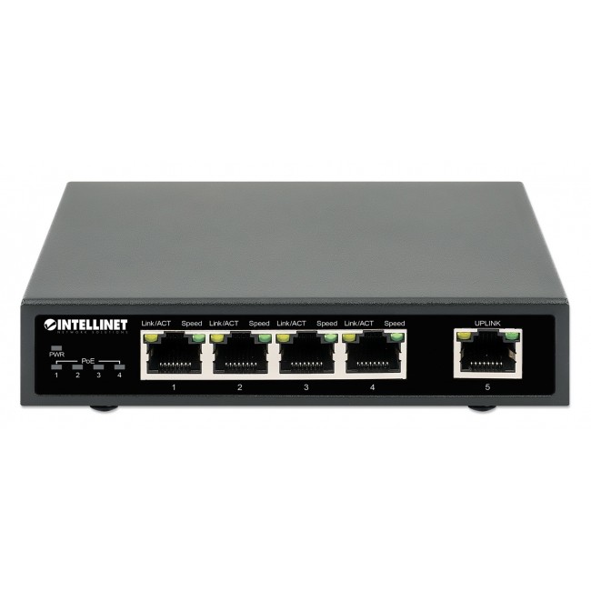 Intellinet 5-Port Gigabit Ethernet PoE+ Switch, Four PSE PoE Ports, IEEE 802.3at/af (PoE+/PoE) Compliant, PoE Power Budget up to 62 W, Desktop Format Intellinet 5-Port Gigabit Ethernet PoE+ Switch, Four PSE PoE Ports, IEEE 802.3at/af (PoE+/PoE) Compliant, PoE Power Budget up to 62 W, Desktop Format