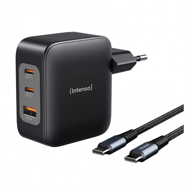 Intenso W100ACC+C520C, Power Adapter + Charging Cable Set, 100W, Fast Charging, GaN, Charge 3 Devices Simultaneously, Black