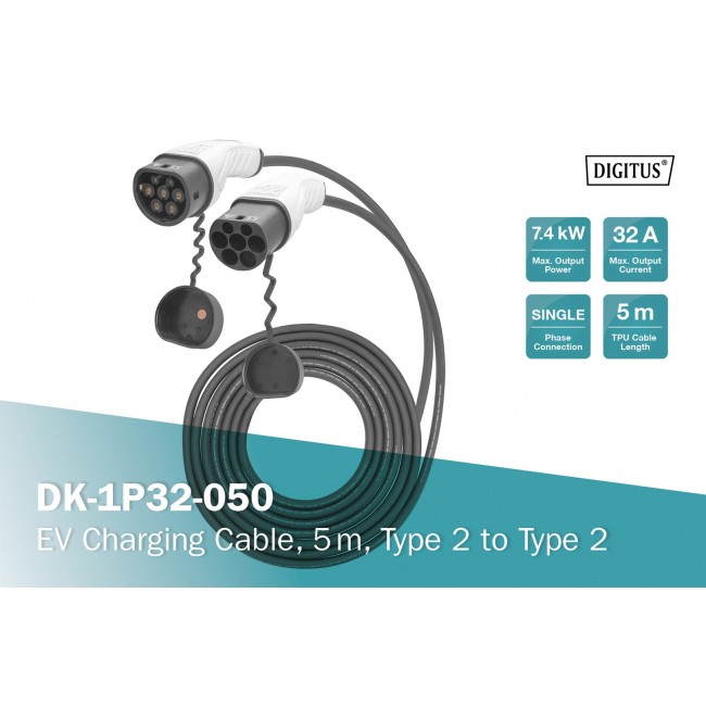 Digitus EV charging cable, 5 m, type 2 to type 2 Digitus EV charging cable, 5 m, type 2 to type 2