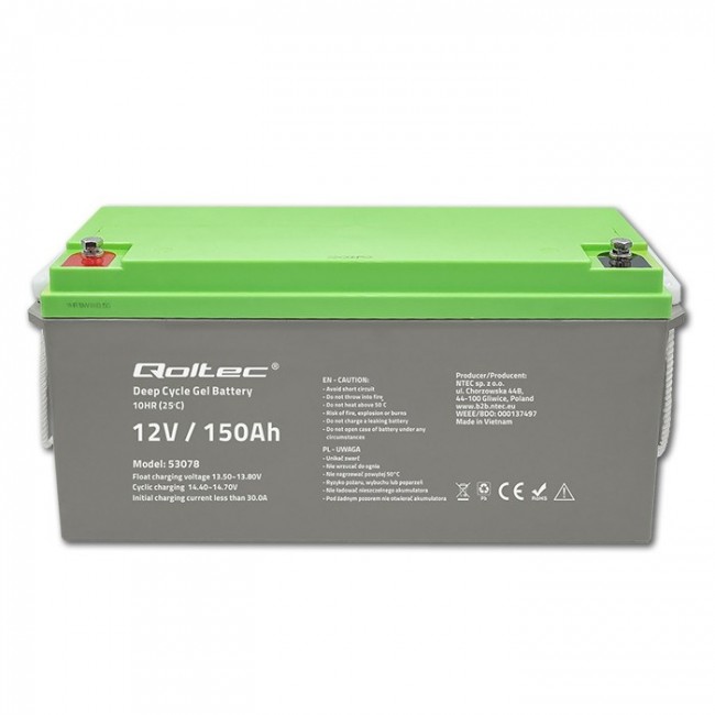 Qoltec 53078 Deep Cycle Gel battery| 12V | 150Ah | 44.5kg Qoltec 53078 Deep Cycle Gel battery| 12V | 150Ah | 44.5kg