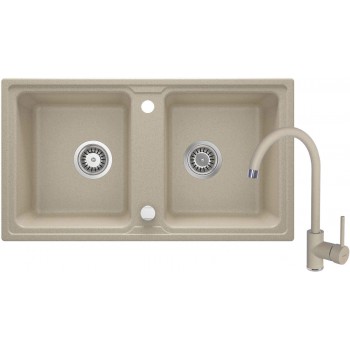 Granite sink with 2-bowl faucet