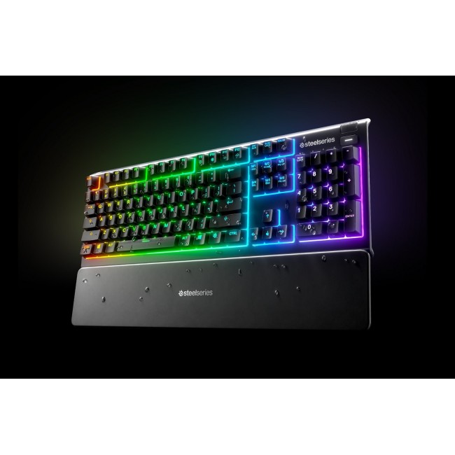 SteelSeries Apex 3 Gaming Keyboard, US Layout, Wired, Black SteelSeries Apex 3 Gaming keyboard, IP32 water resistant for protection against spills, Customizable 10-zone RGB illumination reacts to games and Discord, Whisper quiet gaming switches last for
