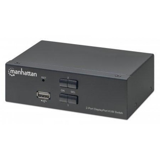 Manhattan DisplayPort 1.2 KVM Switch 2-Port, 4K@60Hz, USB-A/3.5mm Audio/Mic Connections, Cables included, Audio Support, Control 2x computers from one pc/mouse/screen, USB Powered, Black, Three Year Warranty