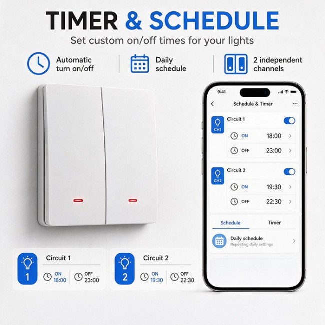 Qoltec 52706 Smart 2-Gang Light Switch | Wi-Fi | Timer | Tuya | Smart life | White
